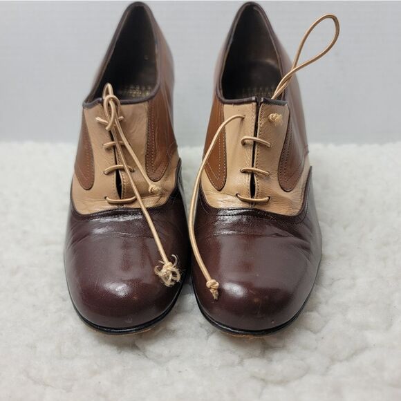 Vtg 90's Stuart Weitzman Women Lace Oxford Heels Plumps Size 8 Brown Tan Leather - Picture 2 of 8